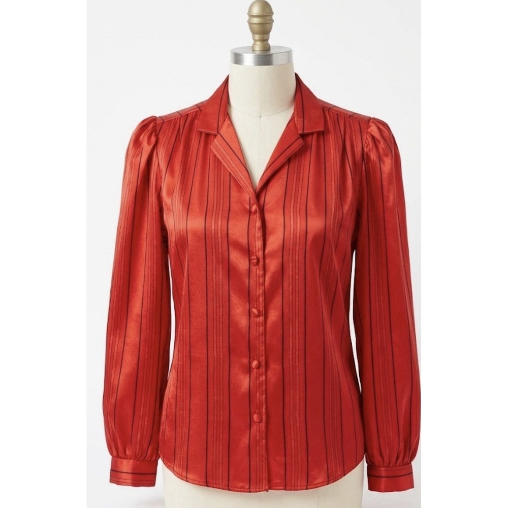 Red Satin Pinstripe Blouse Small Corporate Baddie Office Siren Maximalist Retro